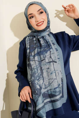 Baskı Desen Bambu Kraş Şal Soft Mavi - Başörtüsü