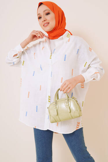 Baskı Desenli Keten Gömlek Ekru - Gömlek