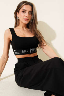 Baskı Detaylı Fitilli Büstiyer Siyah - Kadın Giyim Modelleri