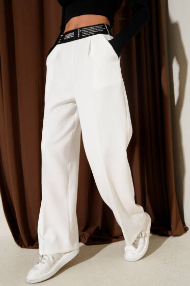 Baskılı Bel Lastikli Palazzo Pantolon Ekru - Kadın Giyim Modelleri