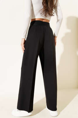 Baskılı Bel Lastikli Palazzo Pantolon Siyah - Kadın Giyim Modelleri