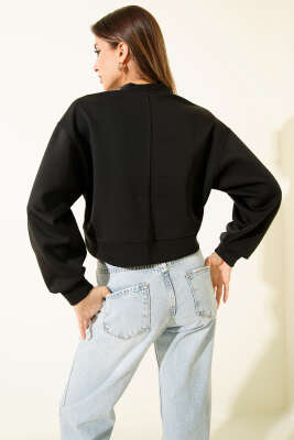 Baskılı Bisiklet Yaka Sweatshirt Siyah - Kadın Giyim Modelleri