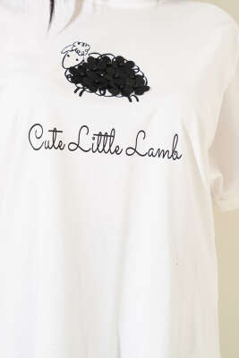 Baskılı Çiçek İşlemeli T-shirt Ekru - Kadın Giyim Modelleri