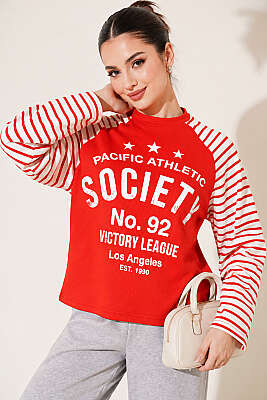 Baskılı Çizgi Detaylı Sweatshirt Kırmızı - TİLLE