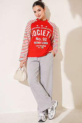 Baskılı Çizgi Detaylı Sweatshirt Kırmızı - Kadın Giyim Modelleri