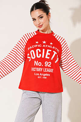 Baskılı Çizgi Detaylı Sweatshirt Kırmızı - Kadın Giyim Modelleri