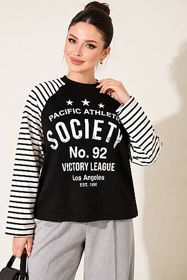 Baskılı Çizgi Detaylı Sweatshirt Siyah - Kadın Giyim Modelleri