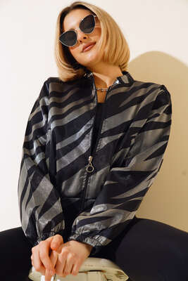 Baskılı Dokuma Ceket Siyah Gri - Kadın Giyim Modelleri