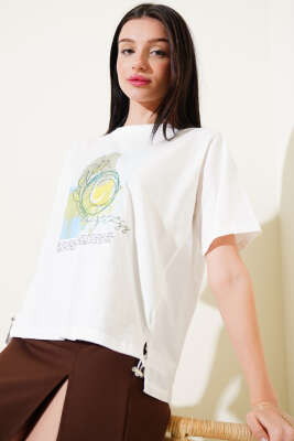 Baskılı Etek Ucu Lastikli Ekru - Kadın Giyim Modelleri