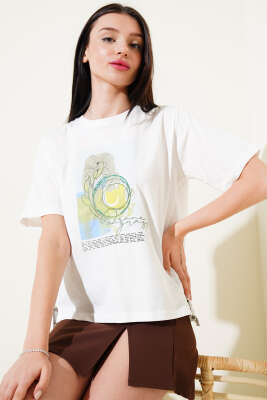 Baskılı Etek Ucu Lastikli Ekru - Kadın Giyim Modelleri