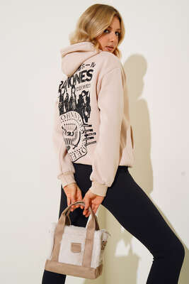 Baskılı Kapüşonlu Sweatshirt Bej - Kadın Giyim Modelleri