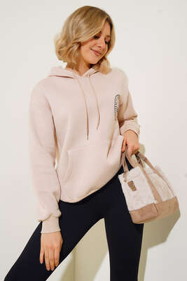 Baskılı Kapüşonlu Sweatshirt Bej 