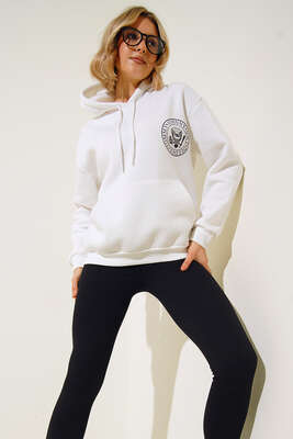 Baskılı Kapüşonlu Sweatshirt Ekru - Kadın Giyim Modelleri
