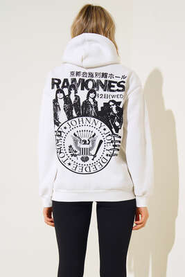 Baskılı Kapüşonlu Sweatshirt Ekru - Kadın Giyim Modelleri