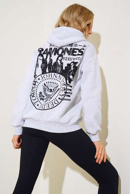 Baskılı Kapüşonlu Sweatshirt Gri - Kadın Giyim Modelleri