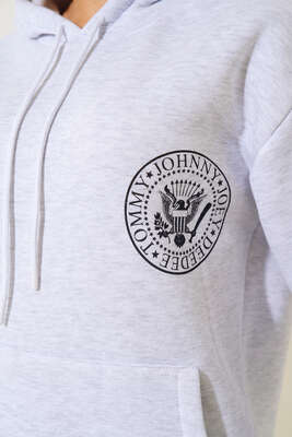 Baskılı Kapüşonlu Sweatshirt Gri - Kadın Giyim Modelleri