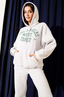 Baskılı Kapüşonlu Üç İplik Sweat İkili Takım Melanj Gri - Kadın Giyim Modelleri