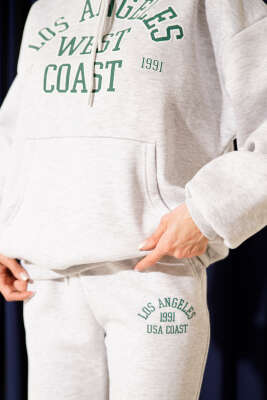 Baskılı Kapüşonlu Üç İplik Sweat İkili Takım Melanj Gri - Kadın Giyim Modelleri