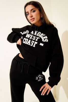 Baskılı Kapüşonlu Üç İplik Sweat İkili Takım Siyah - Kadın Giyim Modelleri