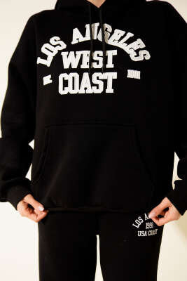 Baskılı Kapüşonlu Üç İplik Sweat İkili Takım Siyah - Kadın Giyim Modelleri