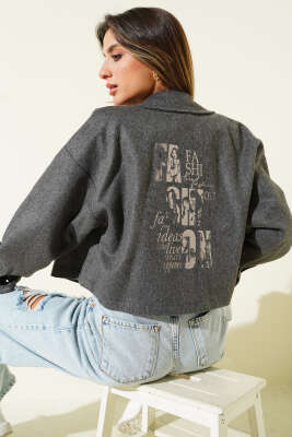 Baskılı Kısa Kaşe Ceket Füme - Kadın Giyim Modelleri