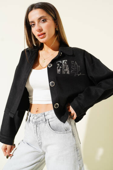 Baskılı Kısa Kaşe Ceket Siyah - Kadın Giyim Modelleri