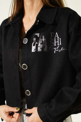 Baskılı Kısa Kaşe Ceket Siyah - Kadın Giyim Modelleri