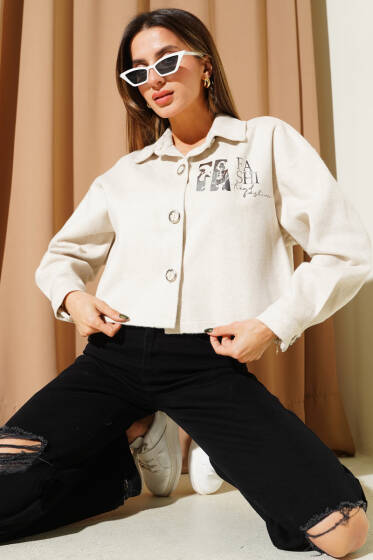 Baskılı Kısa Kaşe Ceket Taş - Kadın Giyim Modelleri