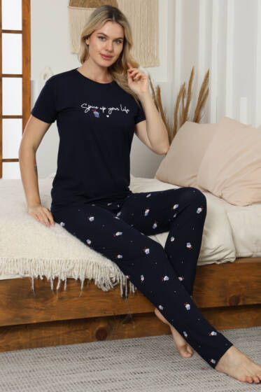 Baskılı Kısa Kol Pijama Takımı Lacivert - Yılın Fırsatı