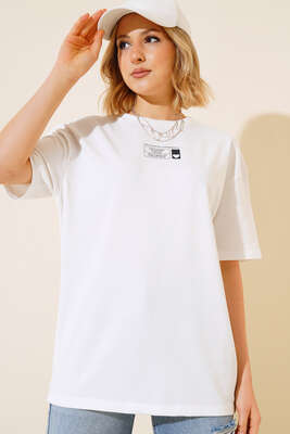Baskılı Kısa Kol T-shirt Beyaz - Thumbnail