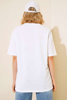 Baskılı Kısa Kol T-shirt Beyaz - Thumbnail