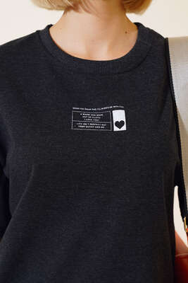 Baskılı Kısa T-shirt Antrasit - Kadın Giyim Modelleri