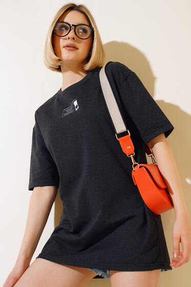 Baskılı Kısa T-shirt Antrasit - Yeni Giyim