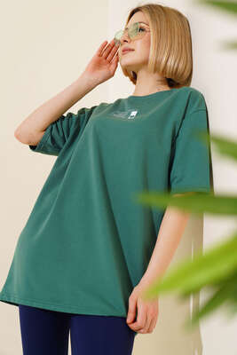 Baskılı Kısa T-shirt Zümrüt Yeşili - Thumbnail