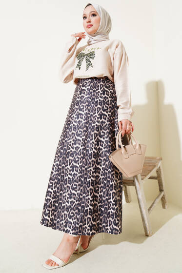 Baskılı Leopar Etekli İkili Takım Bej - İkili Takım