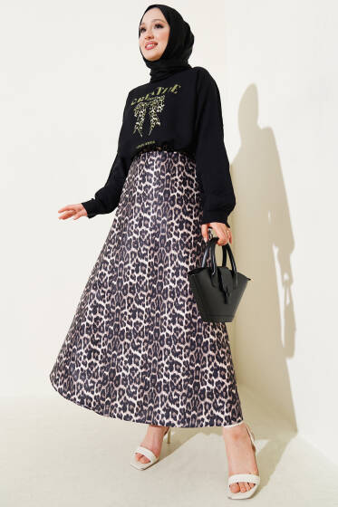 Baskılı Leopar Etekli İkili Takım Siyah - İkili Takım