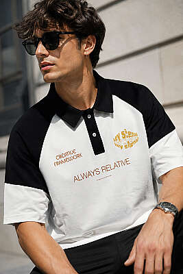 Baskılı Polo Yaka Oversize Erkek T-shirt Beyaz - FRESHMAN