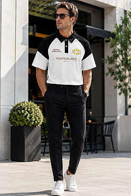 Baskılı Polo Yaka Oversize Erkek T-shirt Beyaz - Erkek T-shirt