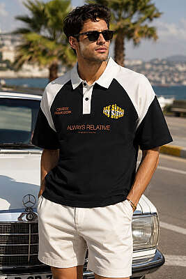 Baskılı Polo Yaka Oversize Erkek T-shirt Siyah - FRESHMAN