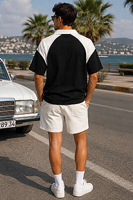 Baskılı Polo Yaka Oversize Erkek T-shirt Siyah - Erkek T-shirt