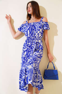 Baskılı Seul Volenli Elbise Saks - ADYES