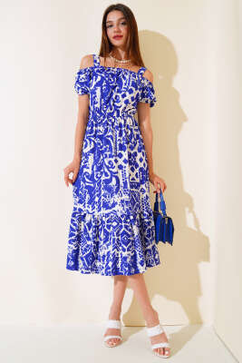 Baskılı Seul Volenli Elbise Saks - Kadın Giyim Modelleri