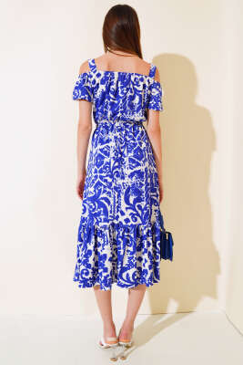 Baskılı Seul Volenli Elbise Saks - Kadın Giyim Modelleri