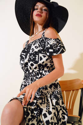 Baskılı Seul Volenli Elbise Siyah - Kadın Giyim Modelleri