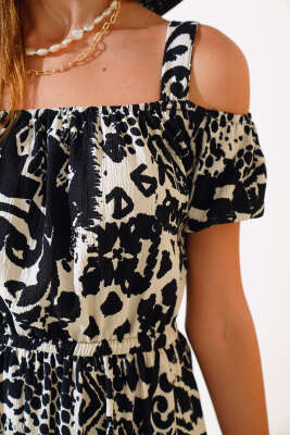 Baskılı Seul Volenli Elbise Siyah - Kadın Giyim Modelleri