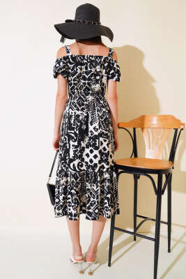 Baskılı Seul Volenli Elbise Siyah - Kadın Giyim Modelleri