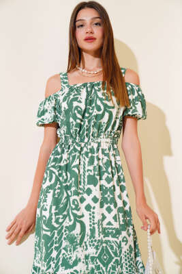 Baskılı Seul Volenli Elbise Yeşil - Kadın Giyim Modelleri