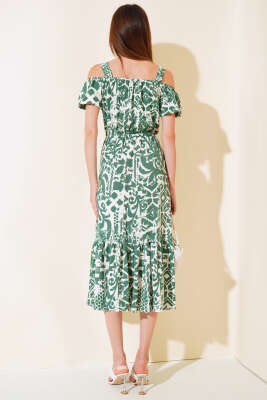 Baskılı Seul Volenli Elbise Yeşil - Kadın Giyim Modelleri