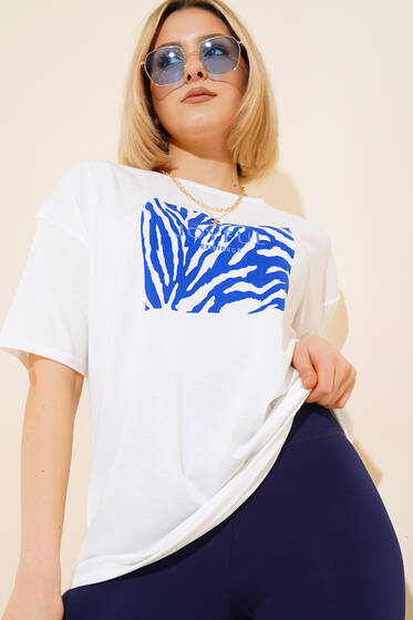 Baskılı T-Shirt Mavi - Yeni Giyim