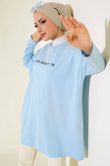 Baskılı Uzun Tunik Buz Mavisi - Tunik